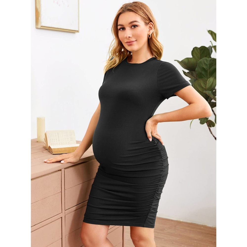 Maternity Ruched Dress short sleeve mini dress black